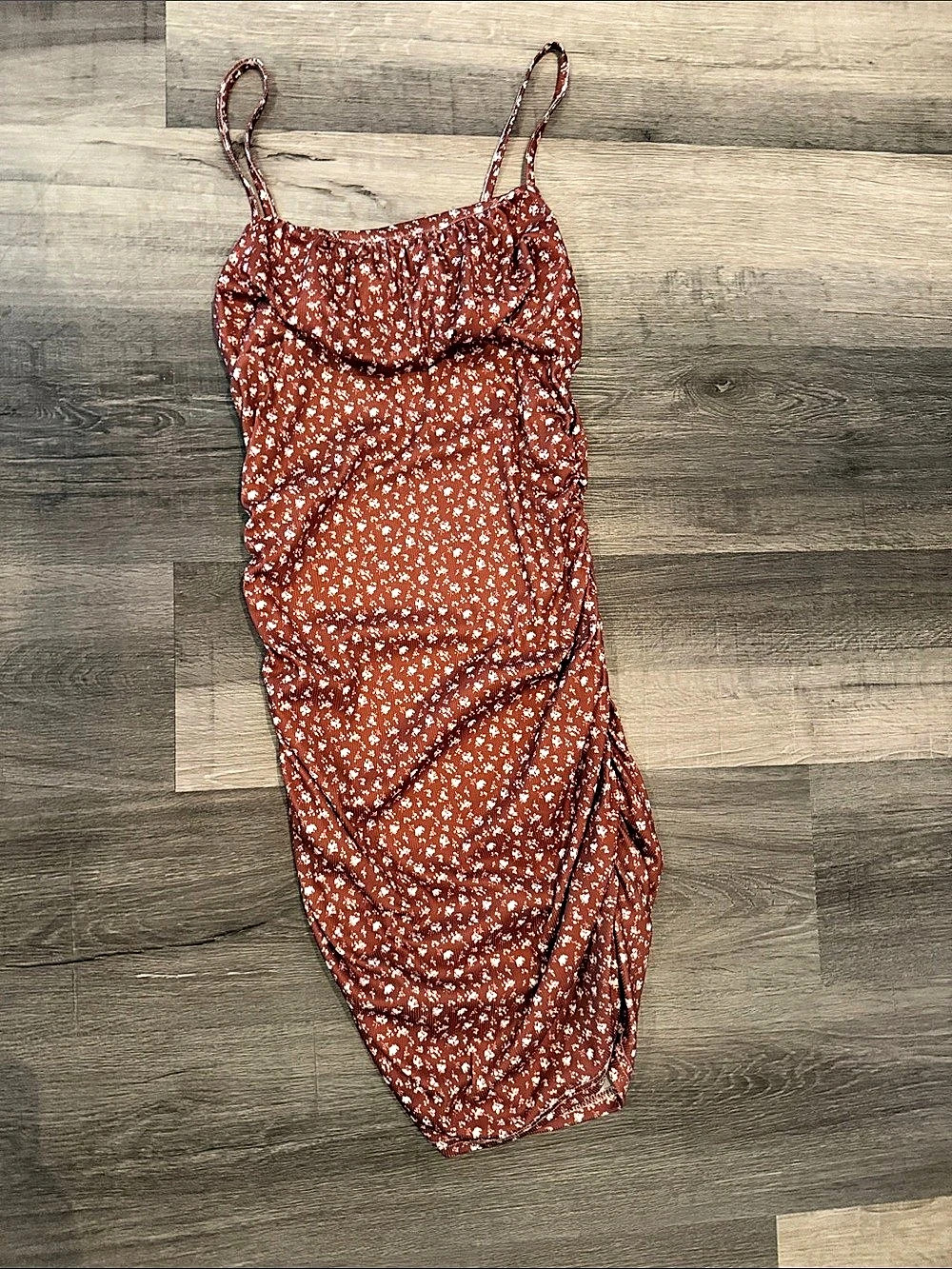 SHEIN Floral Ruched Midi Dress in Brown & White Size Medium Like *